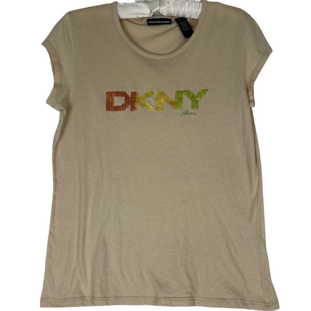 DKNY Jeans Y2K Sequin Tee Womens XL Beige Short Sleeve McBling Logo T Shirt